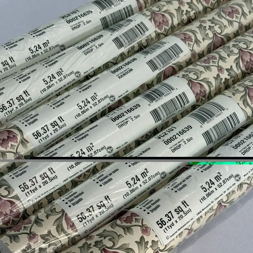 6 Rolls Vintage Imperial Wallpaper Floral Damask Mauve Pink Green Cottagecore